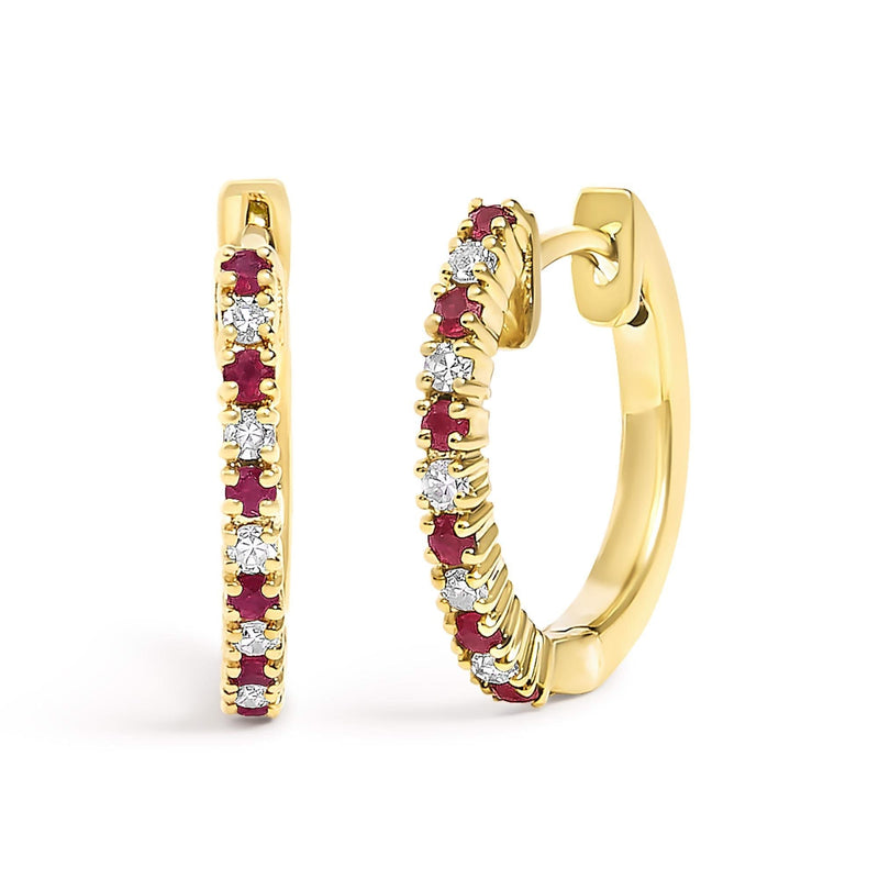 10K Gold Alternating Diamond and Red Ruby Huggy Hoop Earrings 10K gold hoop earrings with alternating round diamond and red ruby stones
