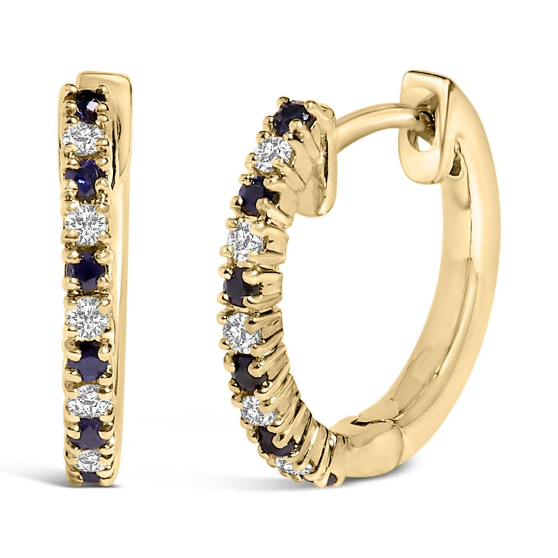 10K Yellow Gold Alternating Blue Sapphire 1/10 Cttw Diamond Huggy Hoop Earrings (I-J Color, I1-I2 Clarity) 10K yellow gold hoop earrings with alternating blue sapphire and diamond stones