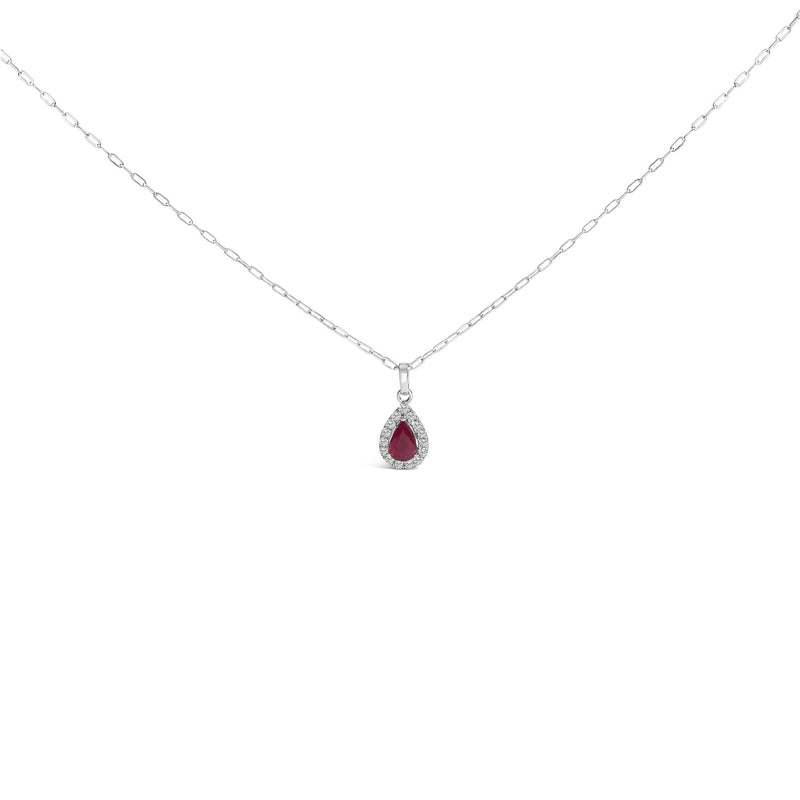 14K White Gold 6x4 Pear Red Ruby and Diamond Halo Pendant Necklace - 18 14K white gold necklace with pear ruby and diamond halo pendant