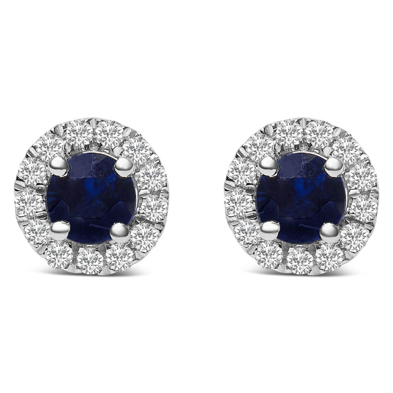 10K White Gold 3.25mm x 3.25mm Round Blue Sapphire and 1/10 Cttw Diamond Halo Stud Earrings (I-J Color, I1-I2 Clarity) 10K white gold earrings with round blue sapphire and diamond halo stones