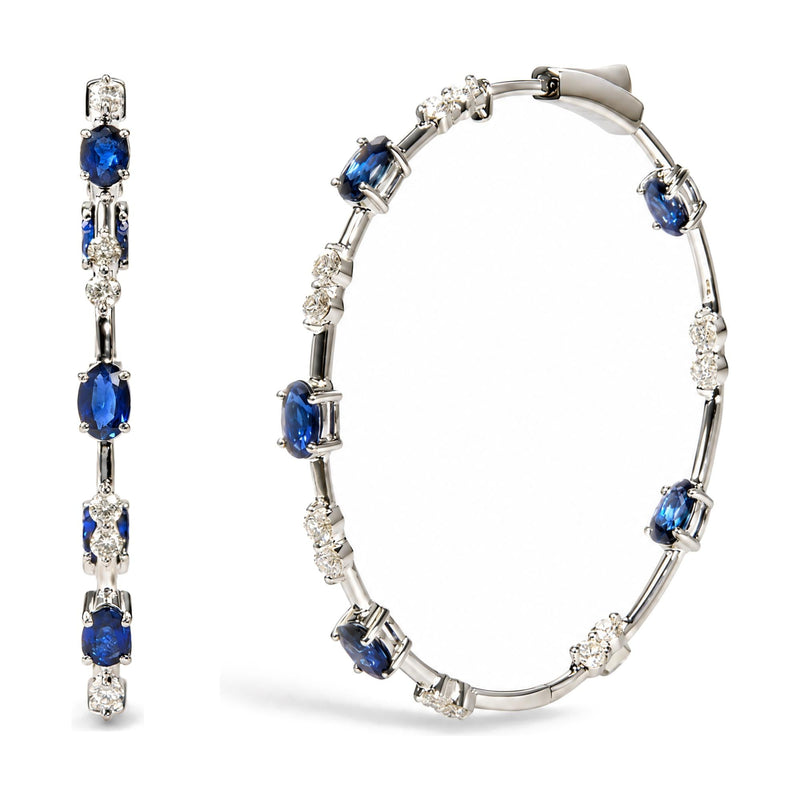 14K White Gold 6/7 Cttw Diamond and Oval Blue Sapphire Station Hoop Earrings
