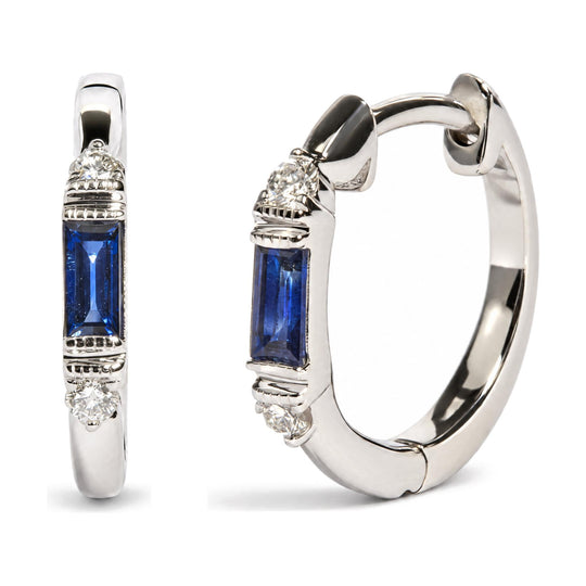 10K White Gold 1/10 Cttw Diamond and Baguette Blue Sapphire Milgrain Huggie Hoop Earrings