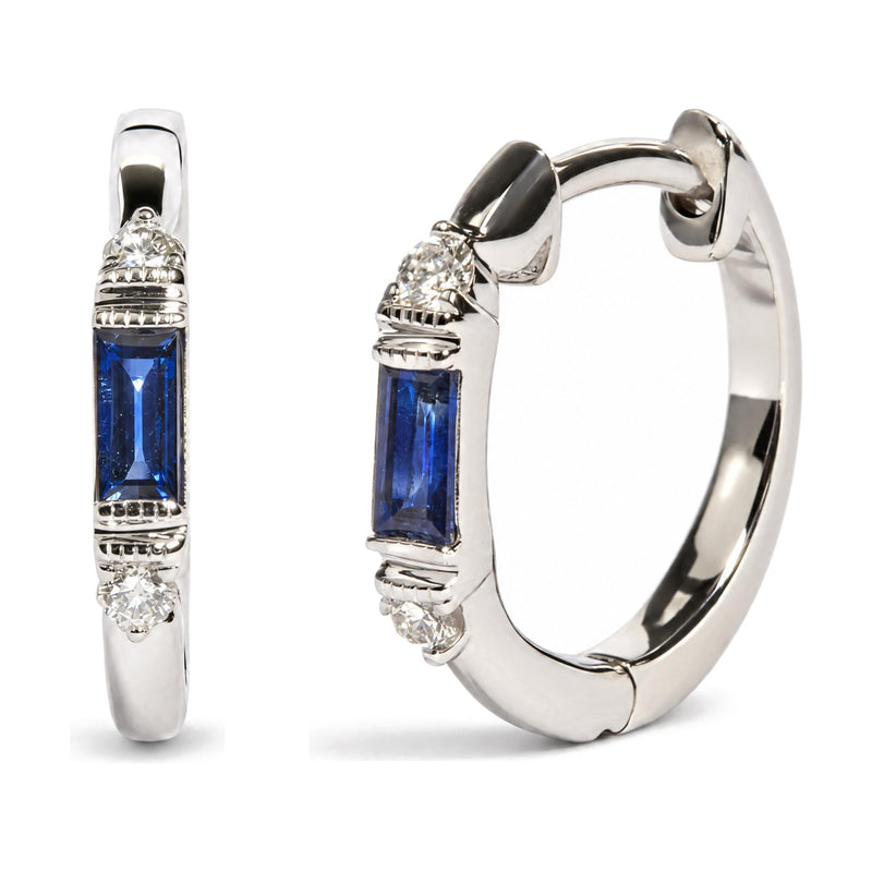 10K White Gold 1/10 Cttw Diamond and Baguette Blue Sapphire Milgrain Huggie Hoop Earrings