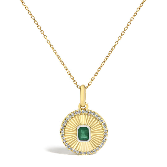 10K Yellow Gold 4x3 MM Emerald and 1/10 Cttw Diamond Circle Fluted Medallion Pendant Necklace-0