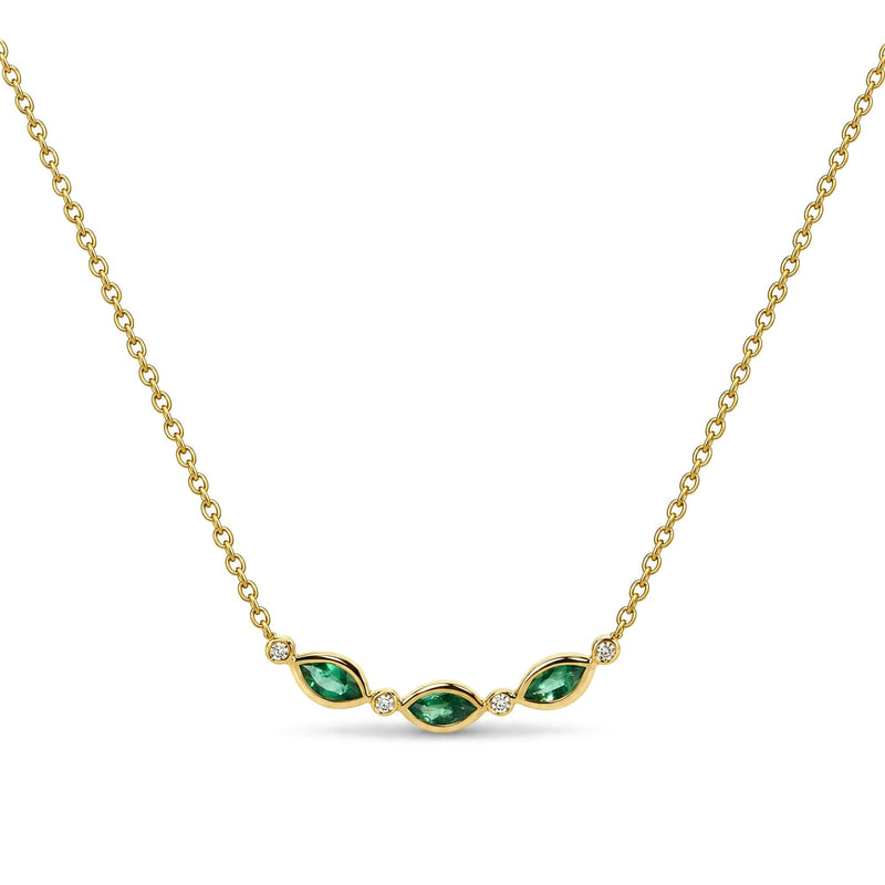 10K Yellow Gold 4x2 MM Marquise Emerald and Diamond Accent Curved Bar Necklace