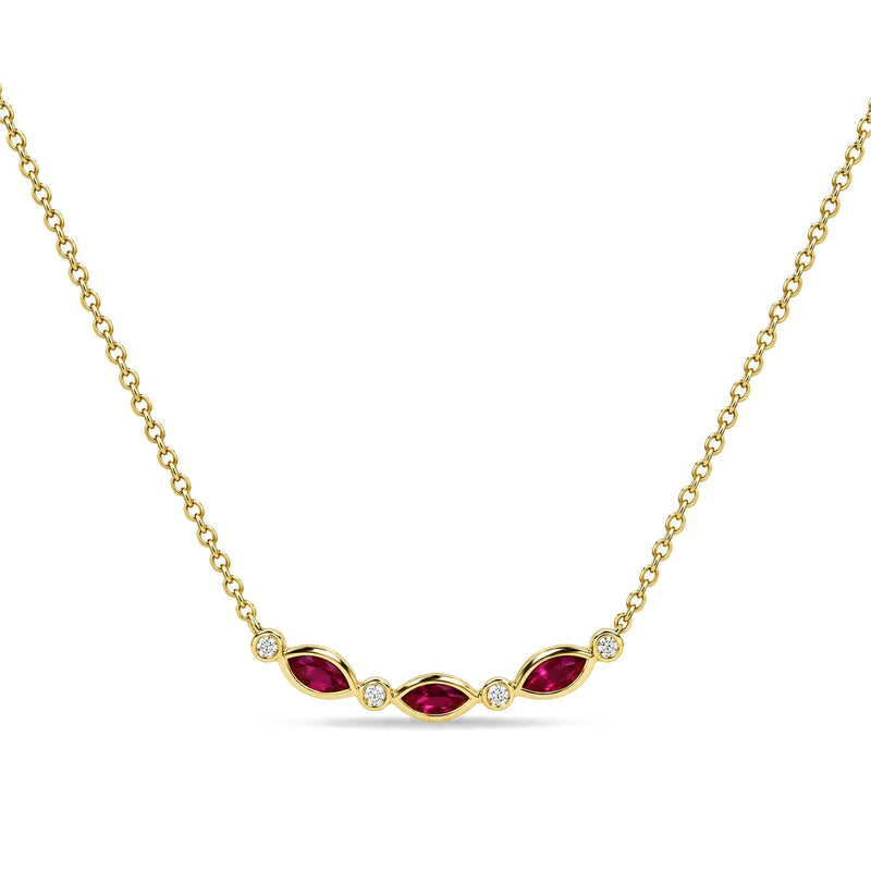 10K Yellow Gold 4x2 MM Marquise Ruby and Diamond Accent Curved Bar Necklace