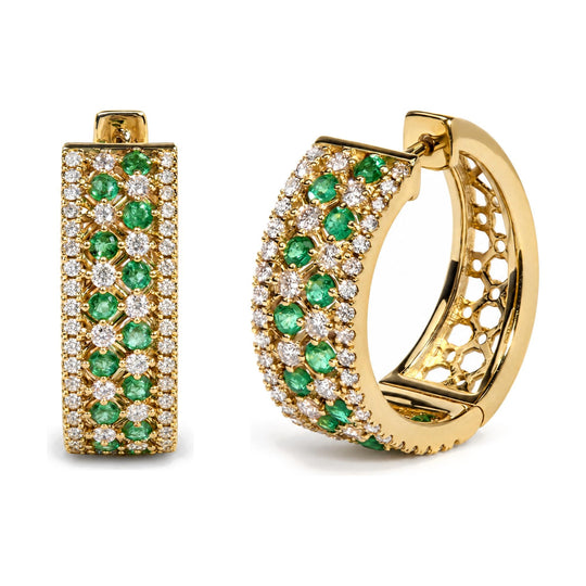 14K Yellow Gold 1.0 Cttw Diamond and Emerald Multi-Row Huggie Hoop Earrings