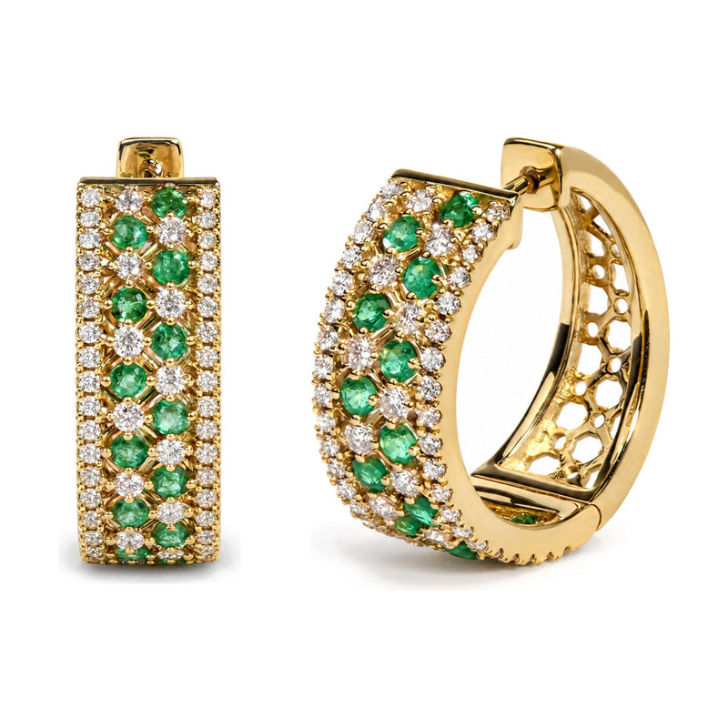 14K Yellow Gold 1.0 Cttw Diamond and Emerald Multi-Row Huggie Hoop Earrings