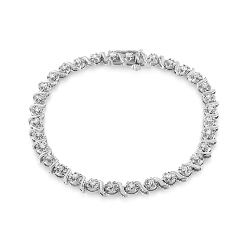 .925 Sterling Silver 1.0 Cttw Diamond Spiral Wave Curved-Link 7 925 sterling silver spiral wave tennis bracelet with round diamond stones
