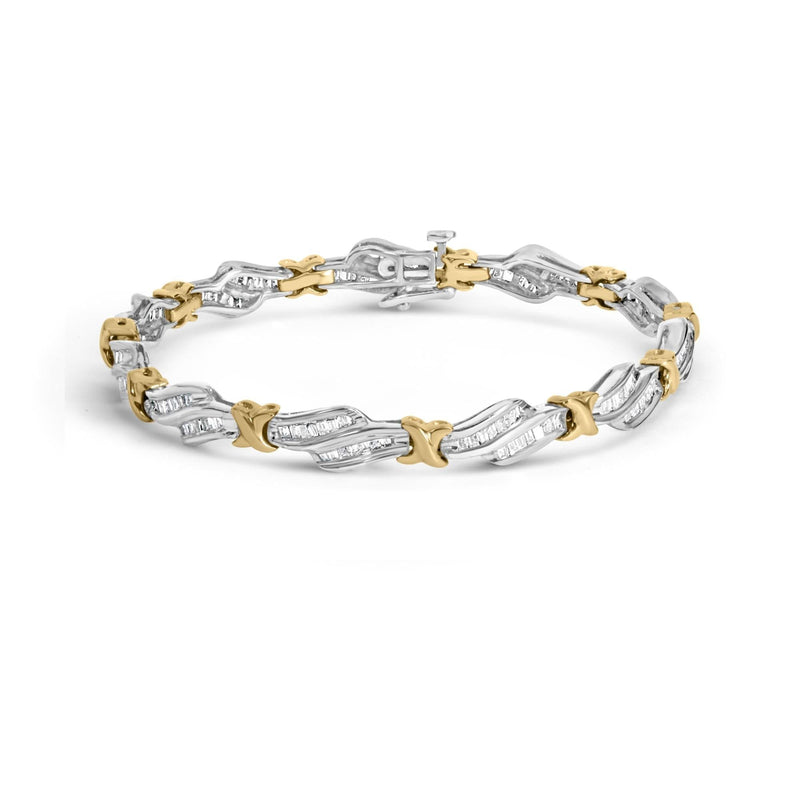 10k Two-Toned Gold 2.00 Cttw Channel Set Baguette-Diamond Weave and 10K two-tone gold bracelet with channel-set baguette diamonds in X-link weave