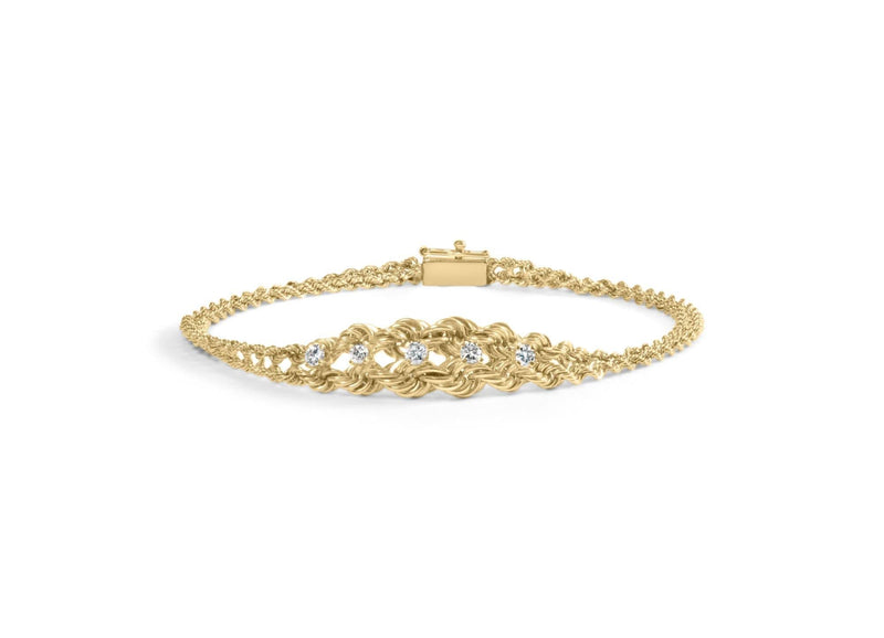 10K Yellow Gold 1/4 Cttw Round-Cut Diamond Basket Weave Rope Chain Style 7 10K yellow gold bracelet with round diamonds in a woven rope chain