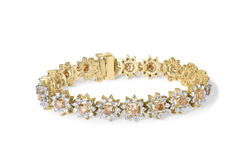 14K Yellow Gold 8.00 Cttw Champagne Diamond Floral Cluster Halo Link Bracelet (H-I Color, I1-I2 Clarity) 14K yellow gold bracelet with champagne diamond floral cluster halo links