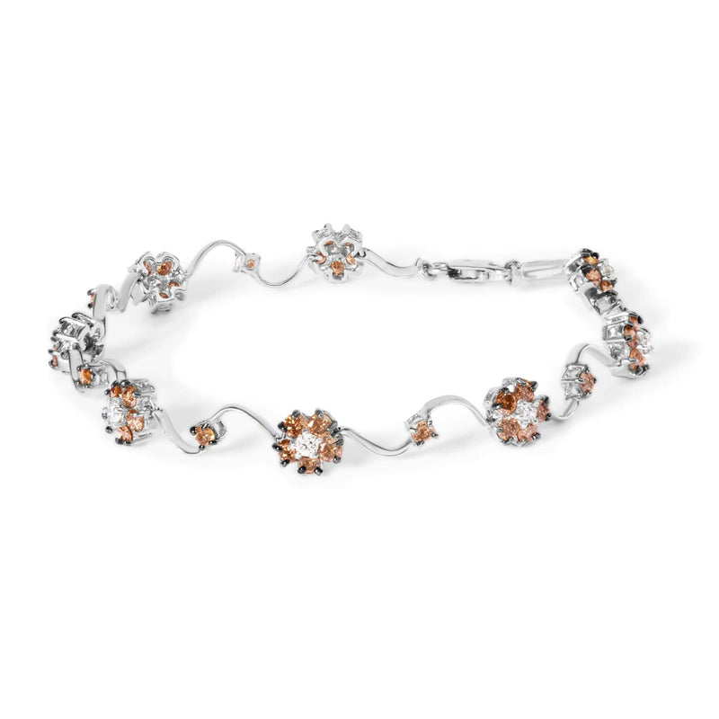 10K White Gold 4.0 Cttw Champagne and White Diamond Floral Cluster and Station Link Bracelet (H-I Color, SI2-I1 Clarity) - 7 10K white gold bracelet with champagne and white diamond floral clusters