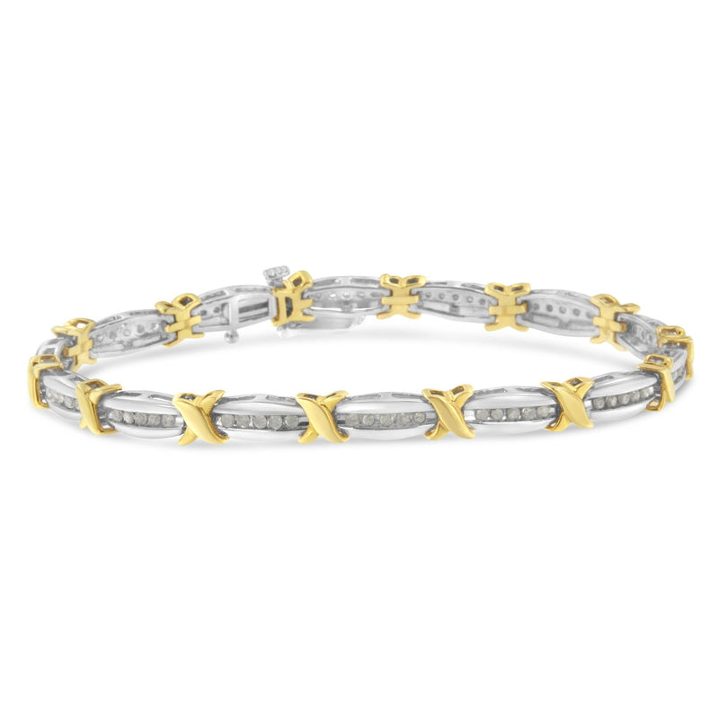 Two-Tone 10K Yellow Gold over .925 Sterling Silver 1.0 Cttw Diamond Channel Set Tapered & X-Link 7 Two-Tone 10K Yellow Gold over .925 Sterling Silver 1.0 Cttw Diamond Channel Set Tapered & X-Link 7