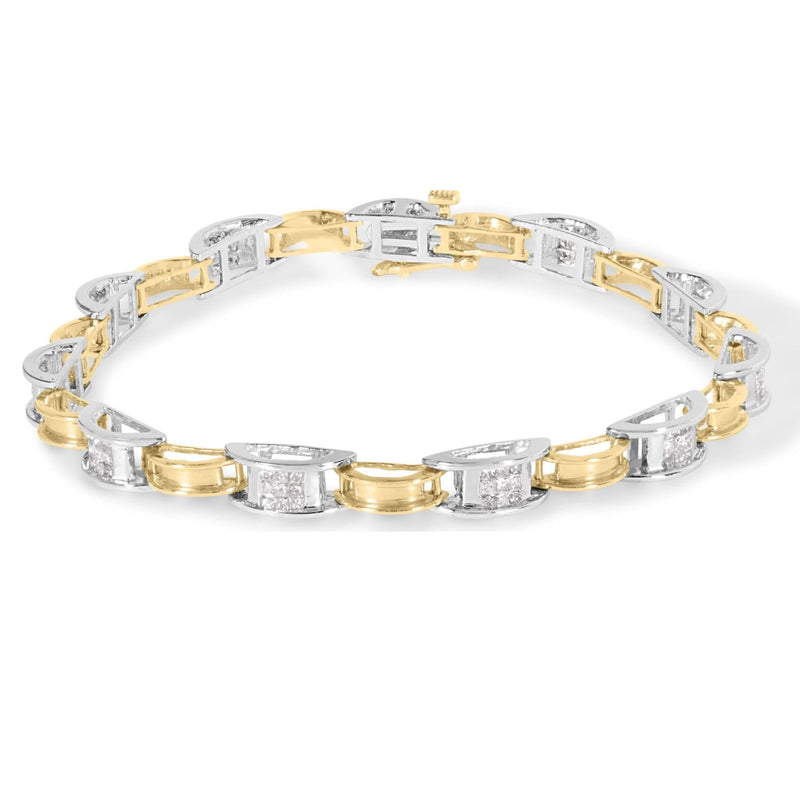 14K Two-Tone Gold 1.00 Cttw Princess-Cut Diamond Chain Link 7 14K two-tone gold bracelet with princess-cut diamond chain links, 7 inch