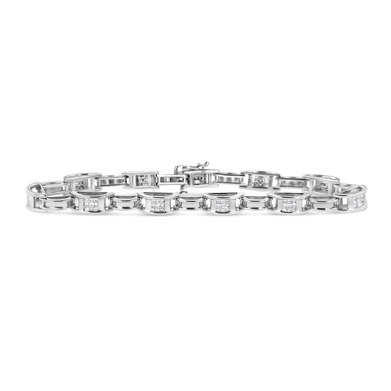14K White Gold 1.0 Cttw Invisible Set Princess Diamond Alternating Link Tennis Bracelet (I-J Color, I1-I2 Clarity) - 7.25 14K white gold tennis bracelet with invisible-set princess diamond stones