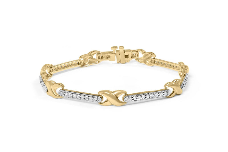 10K Yellow Gold 1.00 Cttw Pave Set Diamond Bar and X-Link 7 10K yellow gold bracelet with pave-set diamonds on bar and X-link design