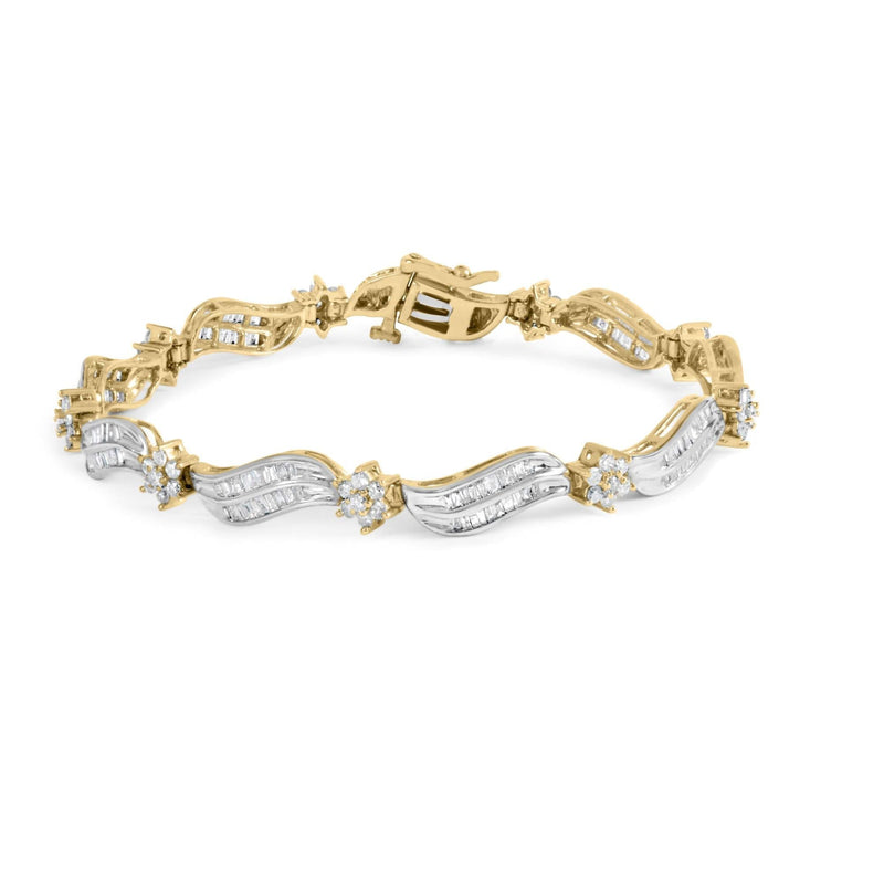 10K Yellow and White Gold 3.00 Cttw Diamond Cluster and Wave Link Bracelet (I-J Color, I1-I2 Clarity) - 7.25 10K white and yellow gold bracelet with wave links and cluster-set diamonds