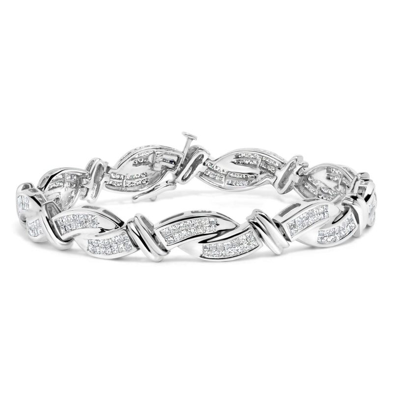 14K White Gold 4.0 Cttw Invisble Set Princess-Cut Diamond Wave Style Link Bracelet (H-I Color, SI2-I1 Clarity) - 7 14K white gold bracelet with princess-cut diamonds in a wave-style link