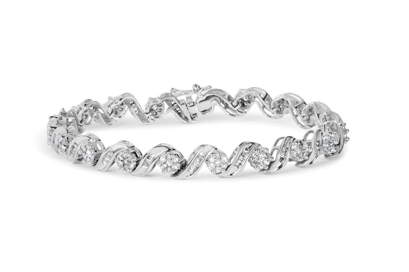 14K White Gold 2.00 Cttw Diamond Cluster and Spiral Link Bracelet (I-J Color, I1-I2 Clarity) - 7 14K white gold bracelet with round diamond cluster and spiral links