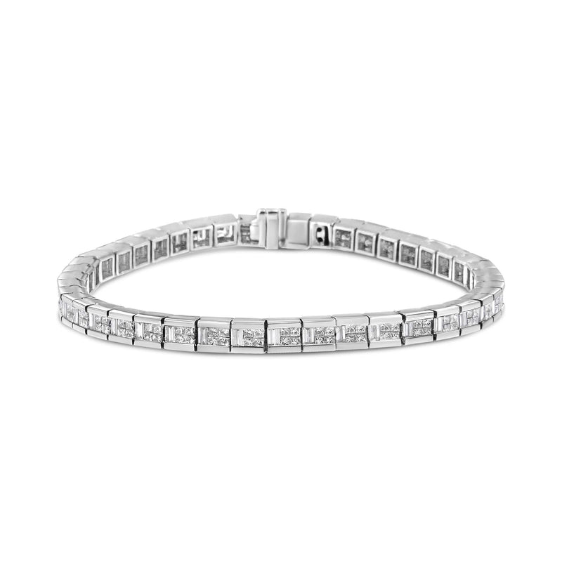14K White Gold 4 3/8 Cttw Alternating Invisible Set Princess and Baguette Diamond Tennis Bracelet (G-H Color, VS1-VS2 Clarity) - Size 7 14K white gold tennis bracelet with alternating princess and baguette diamonds