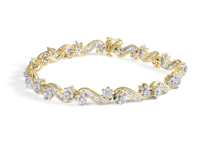 10k Yellow Gold 3.00 Cttw Round-Cut and Baguette-Cut Floral Link 7.25 10K yellow gold floral link bracelet with round and baguette diamond stones