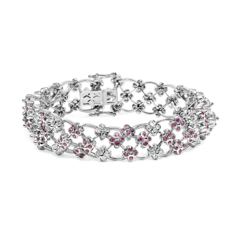 14K White Gold Pink Sapphire and Diamond Floral Lattice Link Bracelet - 7.25 14K white gold bracelet with pink sapphire and diamond floral lattice links