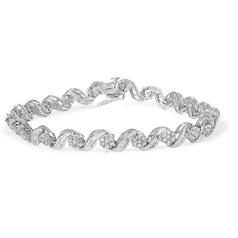10K White Gold 2.00 Cttw Round-Cut and Baguette-Cut Diamond Floral Design Swirl Link 7 10K white gold bracelet with round and baguette diamond floral swirl links