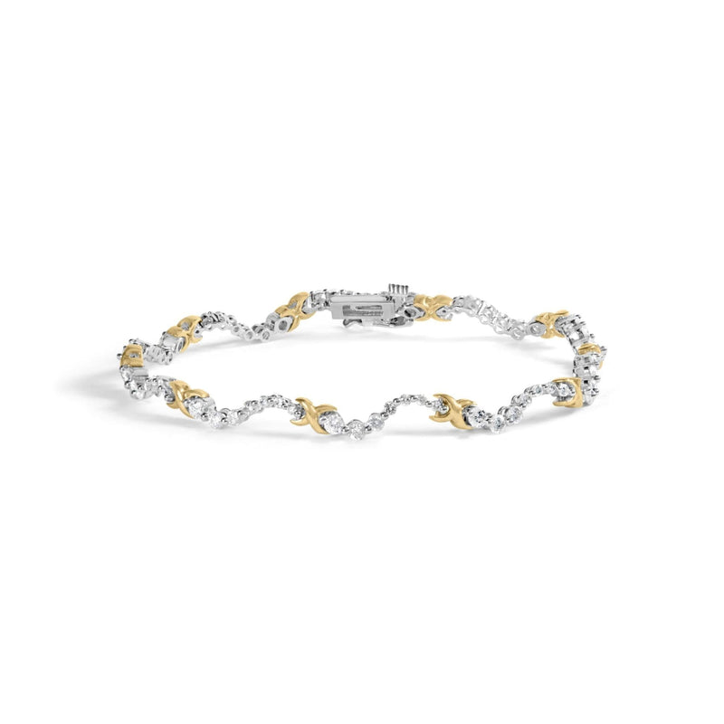 10K Two-Tone 2.00 Cttw Diamond 10K two-tone gold bracelet with X and wave links set with diamond stones