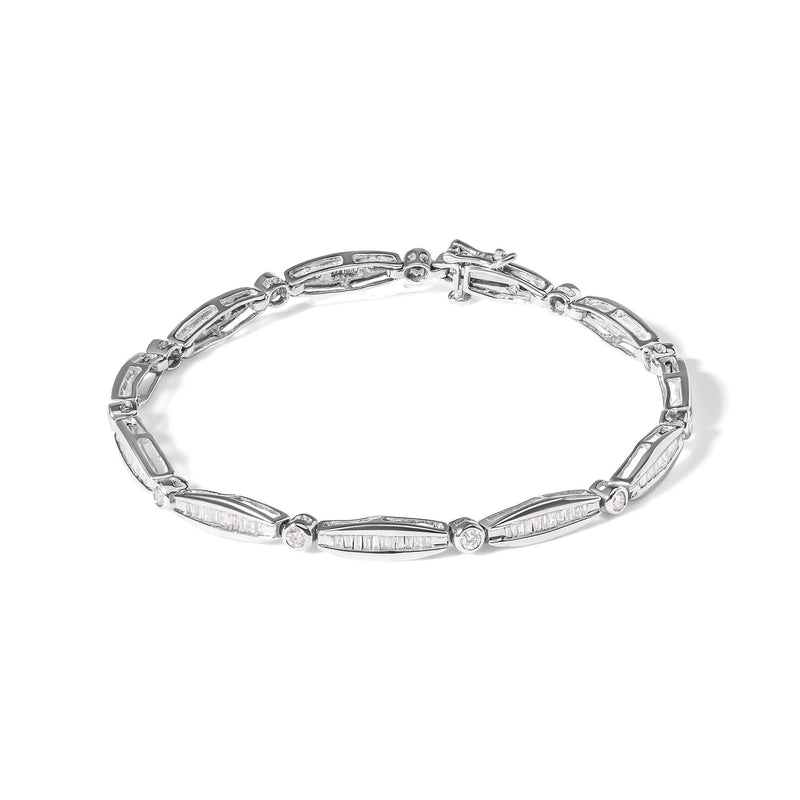 14K White Gold 1-1/2 Cttw Round Brilliant-Cut & Baguette Cut Diamond Bezel and Tapered Link 7 14K white gold bracelet with round and baguette diamond stones in bezel settings