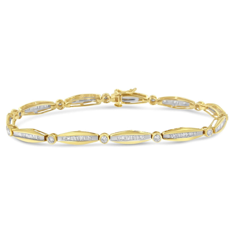 14K Yellow Gold 1-1/2 Cttw Round Brilliant-Cut & Baguette Cut Diamond Bezel and Tapered Link 7 14K yellow gold bracelet with round and baguette diamond stones