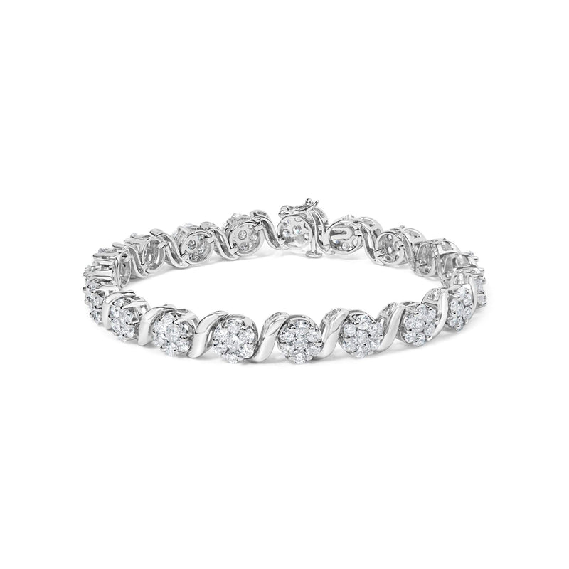 14K White Gold 7 3/8 Cttw Round Brilliant Diamond Floral Cluster and S Link Bracelet (H-I Color, SI2-I1 Clarity) - 7 14K white gold bracelet with round brilliant diamond floral clusters and S links