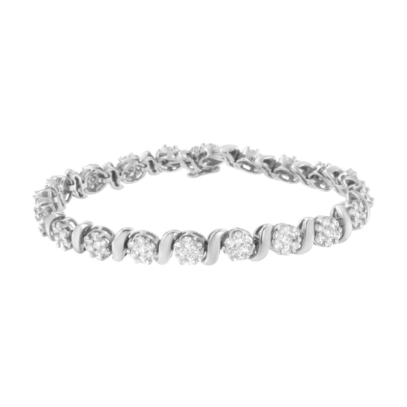 14K White Gold 5 1/4 cttw Diamond S-Link Floral Cluster Tennis Bracelet (I-J Clarity, SI2-I1 Color) - Size 7 14K white gold bracelet with round diamond floral cluster stones