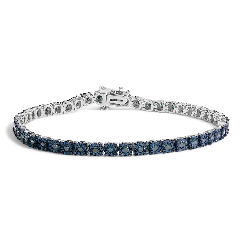 Black Rhodium Plated .925 Sterling Silver 1.0 Cttw Diamond Miracle Tennis Bracelet (Enhanced Blue Color, I3 Clarity) - 7 Black rhodium sterling silver tennis bracelet with round blue diamond stones