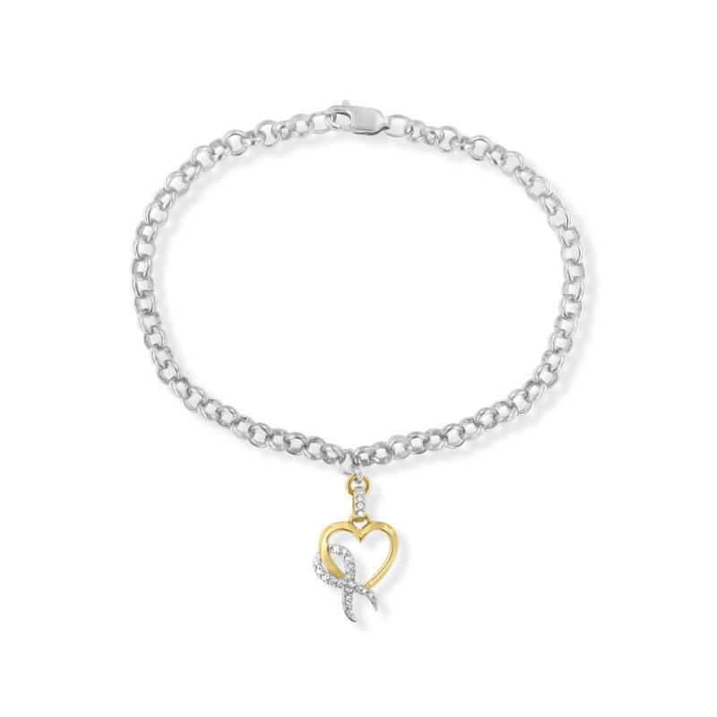 10K Yellow Gold 1/10 Cttw Diamond Awareness Ribbon & Heart Charm on 7 10K yellow gold bracelet with heart diamond stones on silver rolo chain