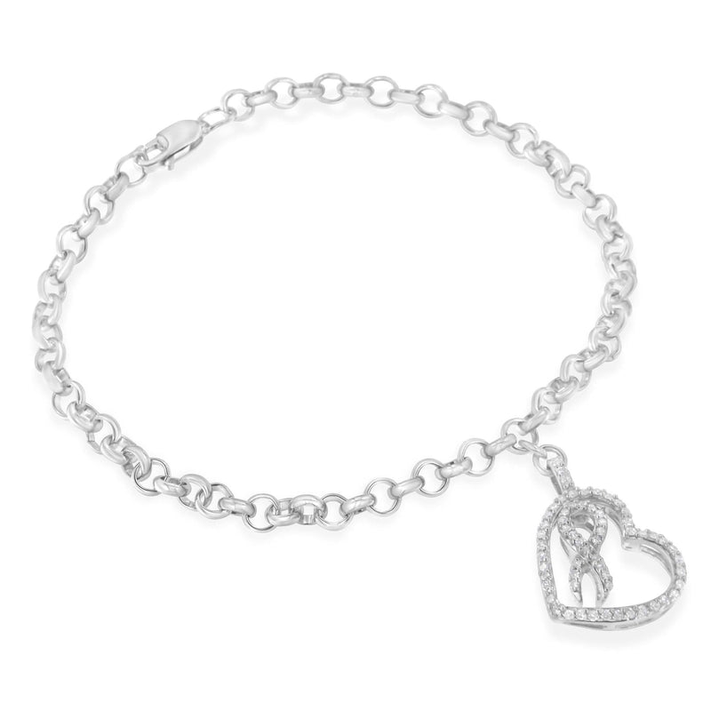 .925 Sterling Silver 1/4 Cttw Diamond-Accented Heart and Ribbon Charm 7 925 sterling silver bracelet with heart diamond charms and ribbon accents
