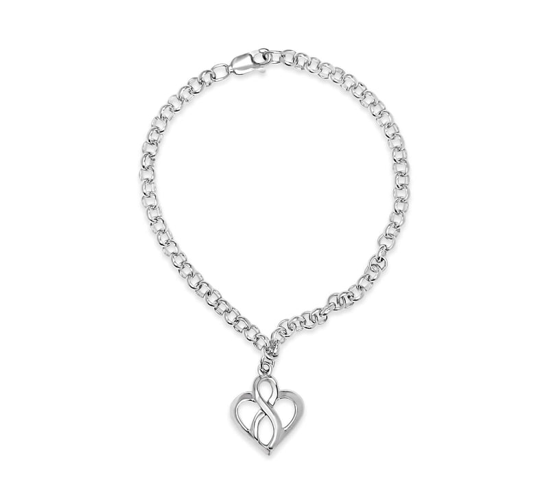 .925 Sterling Silver Open Heart with Center Vertical Infinity Chain Charm Bracelet - Size 7 925 sterling silver bracelet with open heart and infinity chain charm