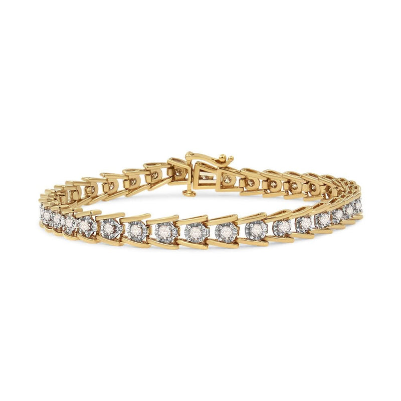 14K Yellow Gold Plated .925 Sterling Silver 2.00 Cttw Miracle Set Diamond Wave Link Bracelet (L-M Color, I2-I3 Clarity) - Size 7.25 14K yellow gold plated silver bracelet with miracle set round diamond stones