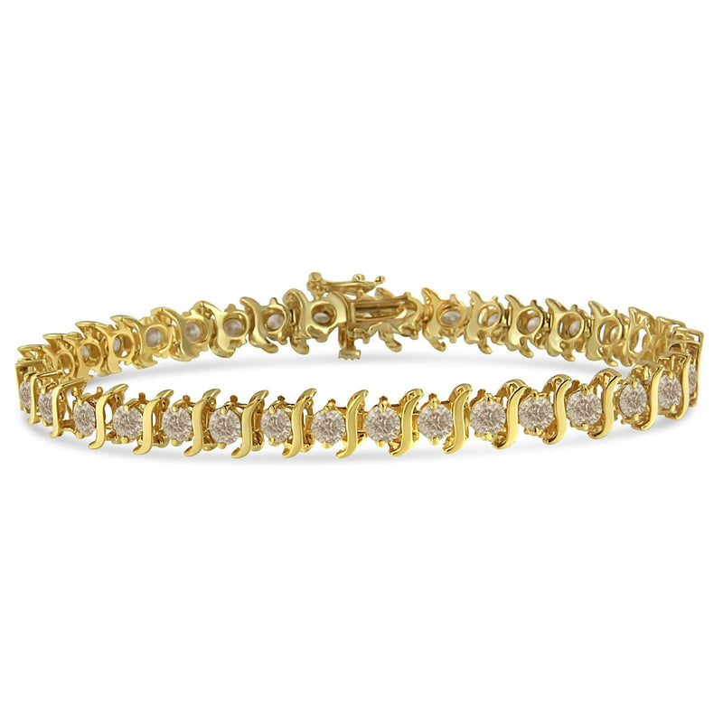10K Yellow Gold Plated .925 Sterling Silver 7.0 cttw 2-Prong Set Round Brilliant Cut Diamond 10K yellow gold bracelet with round diamond stones in S-link design