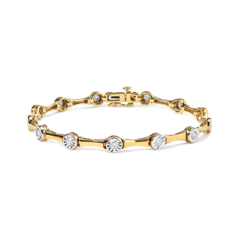 10K Yellow Gold Plated .925 Sterling Silver 1.0 Cttw Miracle Set Diamond Bezel Style Station Link Bracelet (H-I Color, I3 Clarity) - Size 7 10K yellow gold bracelet with bezel-set round diamond stations