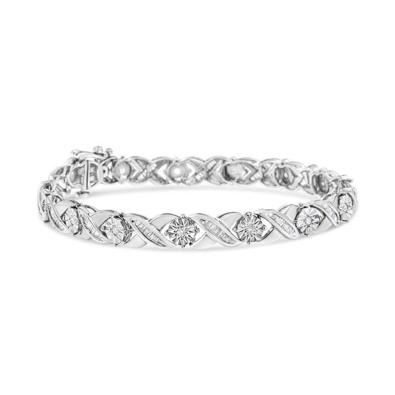 .925 Sterling Silver 1.0 Cttw Round-Brilliant and Baguette Cut Diamond Miracle-Set X-Link 7 925 sterling silver tennis bracelet with round and baguette diamond stones