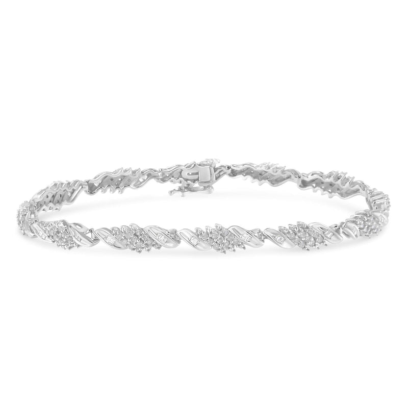 .925 Sterling Silver 1-1/2 Cttw Round and Baguette Cut Diamond Wave Link Bracelet (I-J Color, I2-I3 Clarity) - 7 925 sterling silver wave link bracelet with round and baguette diamond stones