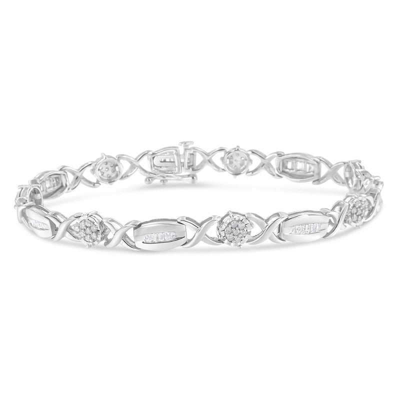 .925 Sterling Silver 1.0 Cttw Round-Cut and Baguette-Cut Diamond X-Link Bracelet (I-J Color, I1-I2 Clarity) - 7 925 sterling silver bracelet with round and baguette diamond X-link stones