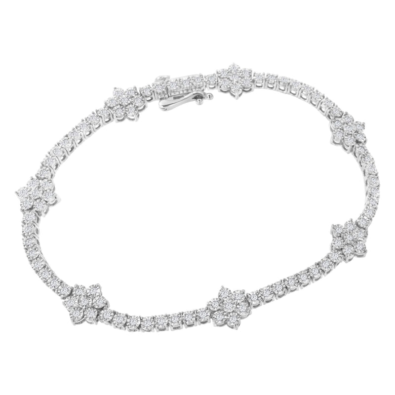 .925 Sterling Silver 1.0 cttw Miracle-Set Diamond Floral Station Tennis Bracelet (I-J Color, I3 Clarity) - 7-1/2 925 sterling silver bracelet with round diamond floral station clusters