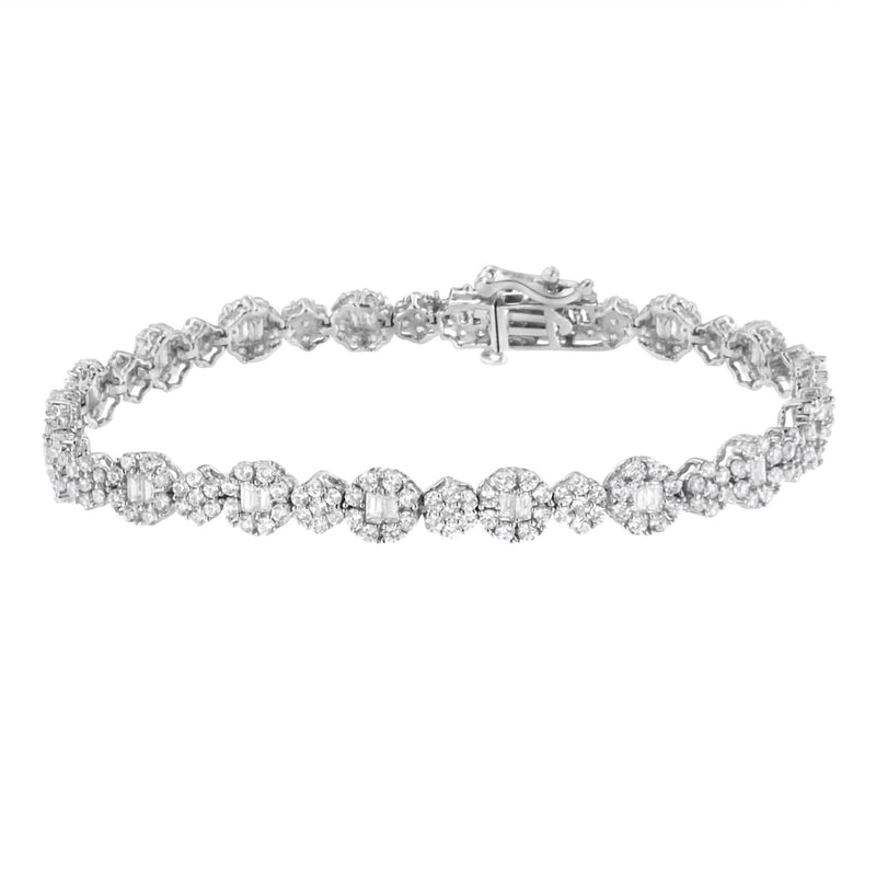 10K White Gold 4.0 cttw Brilliant Round-cut and Baguette Diamond Floral Cluster Link Bracelet (I-J Clarity, I1-I2 Color) - Size 7 10K white gold bracelet with round and baguette diamond floral clusters