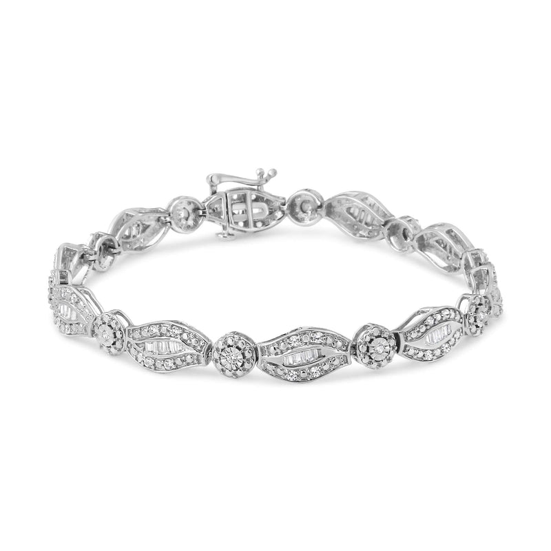 .925 Sterling Silver 1 cttw Diamond Double Leaf and Bezel Link Bracelet (I-J Clarity, I2-I3 Color) - Size 7.25 925 sterling silver bracelet with round diamond stones in bezel and leaf links