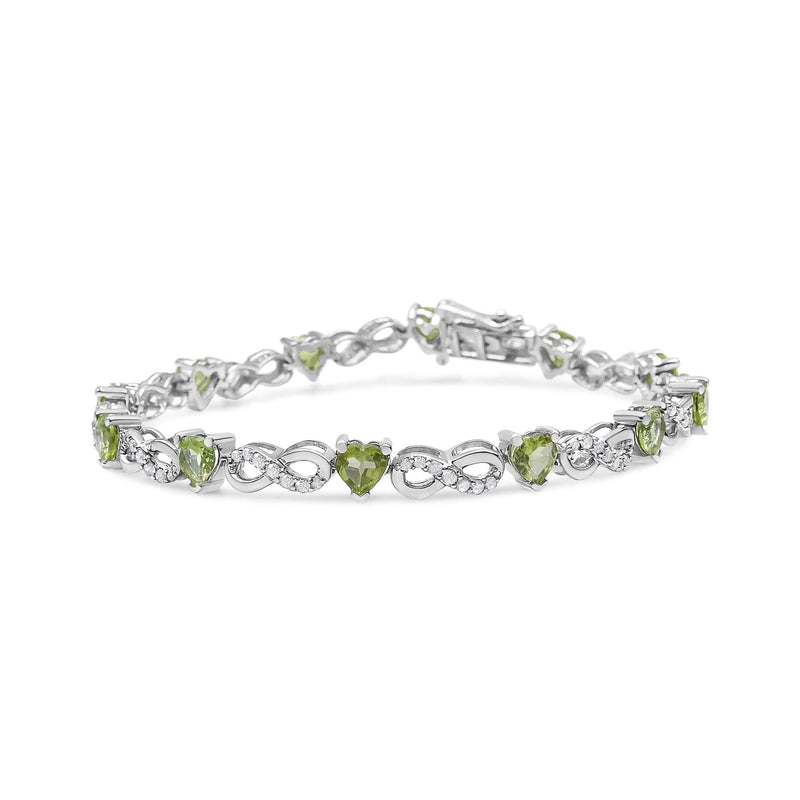 .925 Sterling Silver 1.00 Cttw Diamond and 4.00mm Lab Created Green Heart-Shaped Peridot Infinity Link Bracelet (I-J Color, I2-I3 Clarity) - 7.25 925 sterling silver bracelet with heart peridot and round diamond stones