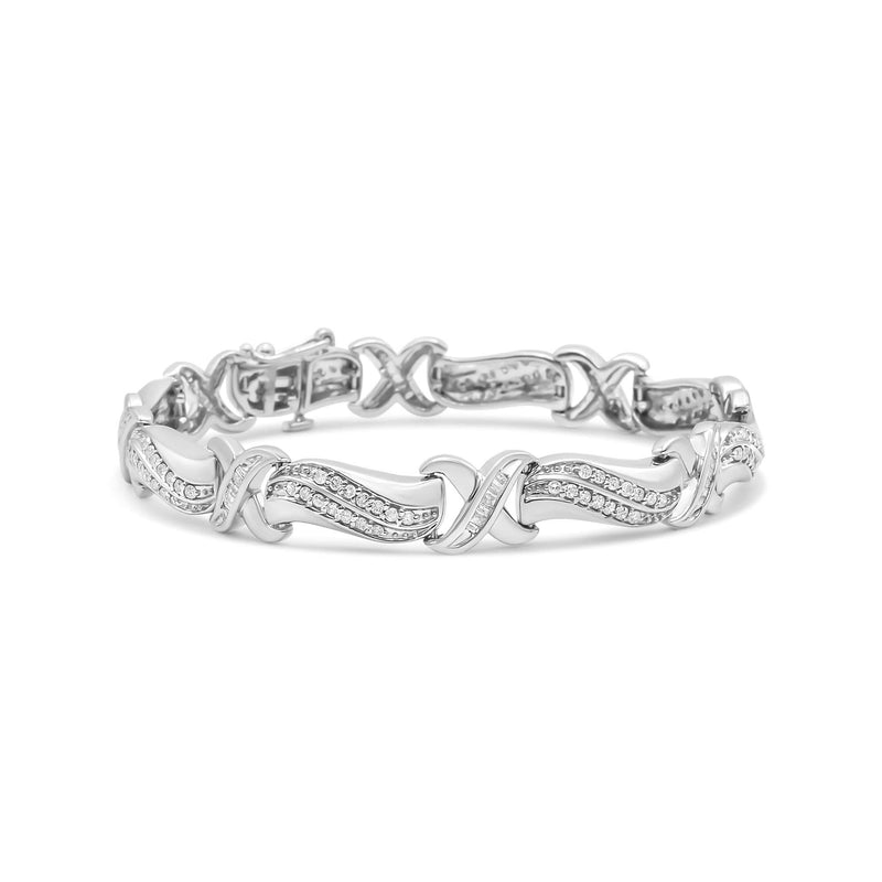 .925 Sterling Silver 1 3/4 Cttw Diamond Wave and X Link Tennis Bracelet (I-J Color, I3 Clarity) - 7 925 sterling silver bracelet with round diamond stones in wave and X links