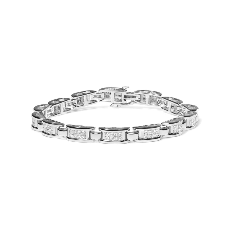 14K White Gold 3.0 Cttw Invisible Set Princess Cut Diamond Link and Buckle 7.25 14K white gold tennis bracelet with princess cut diamond stones in invisible setting