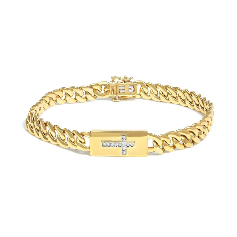 14K Yellow Gold Plated .925 Sterling Silver Diamond Accent Inlaid Cross Cuban Link Bracelet (I-J Color, I3 Clarity)- 7.25 14K yellow gold Cuban link cross bracelet with inlaid diamond accent stones